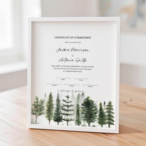 Commitment Ceremony Certificate Template, Editable Certificate of Commitment, Watercolor Nature Wood Trees, Wedding Gift Download Jet211