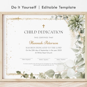 Certificado de dedicación infantil personalizado, plantilla de bautismo infantil, diseño moderno dorado con vegetación, plantillas para iglesias imprimibles y editables, 322
