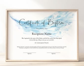 Editable Baptism Certificate Template, Printable Minimalist Certificate of Baptism, Water Background Certificate Instant Download, Jet040