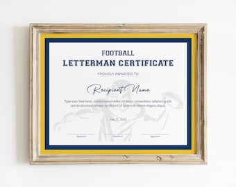 EDITABLE Football Letterman Certificate Template American Football Award Sports Certificate Varsity Letter Digital Download Jet055