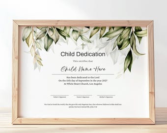 Greenery Child Dedication Certificate Template, Baby Dedication, Editable Baby Christening Printable Baptism Certificate Download Jet261