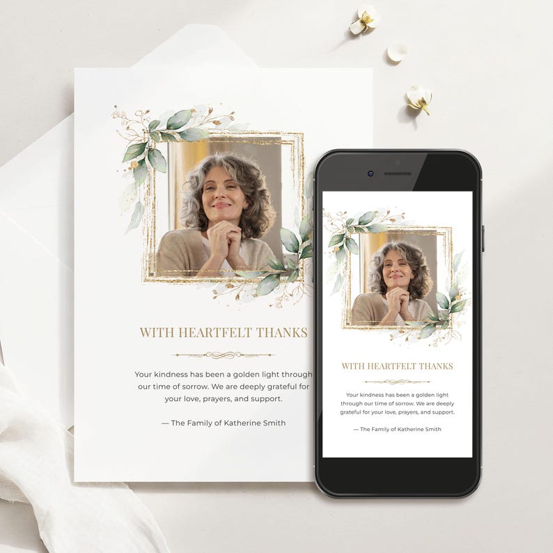 Editable Funeral Thank You Card Greenery & Gold “with Heartfelt Thanks ...