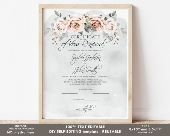 Vow Renewal Certificate Template Editable Printable Wedding - Etsy