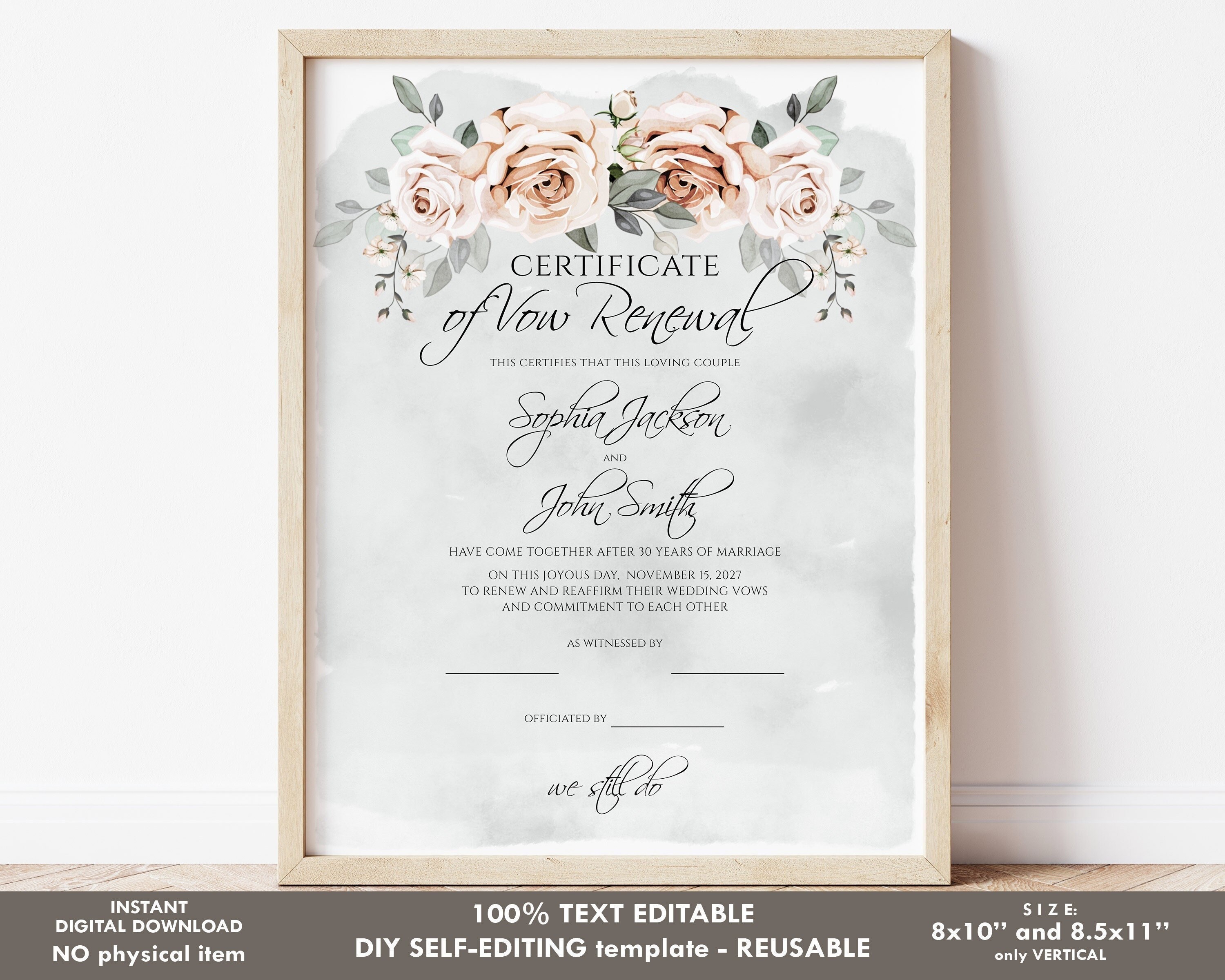 Vow Renewal Certificate Template Editable Printable Wedding - Etsy