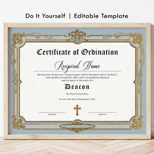Deacon Ordination Certificate Template, Printable Certificate of Ordination, Editable Ministry Certificate, Ordained Minister, Jet144