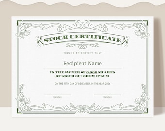 EDITABLE Stock Certificate Template, Printable Certificate of Stock, Money Green Certificate Design Gift Certificate Instant Download Jet110