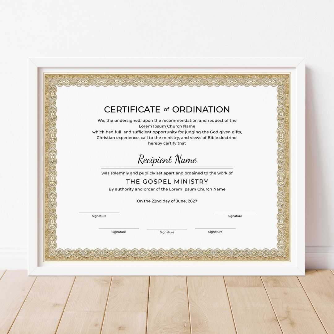 Editable Ordination Certificate Template, Printable Certificate of ...