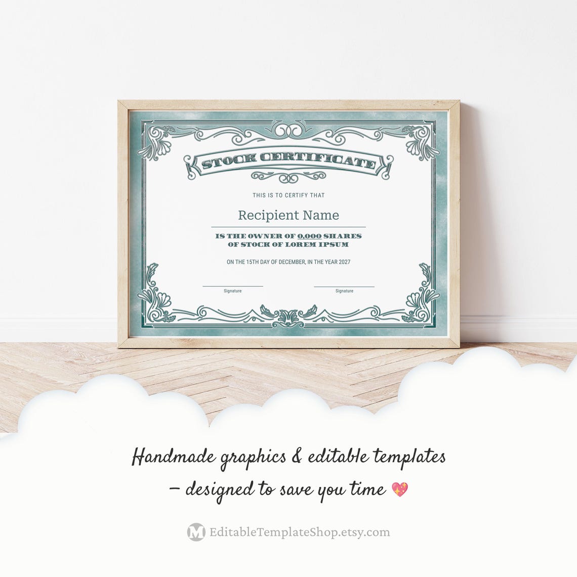 EDITABLE Stock Certificate Template, Printable Certificate of Stock ...