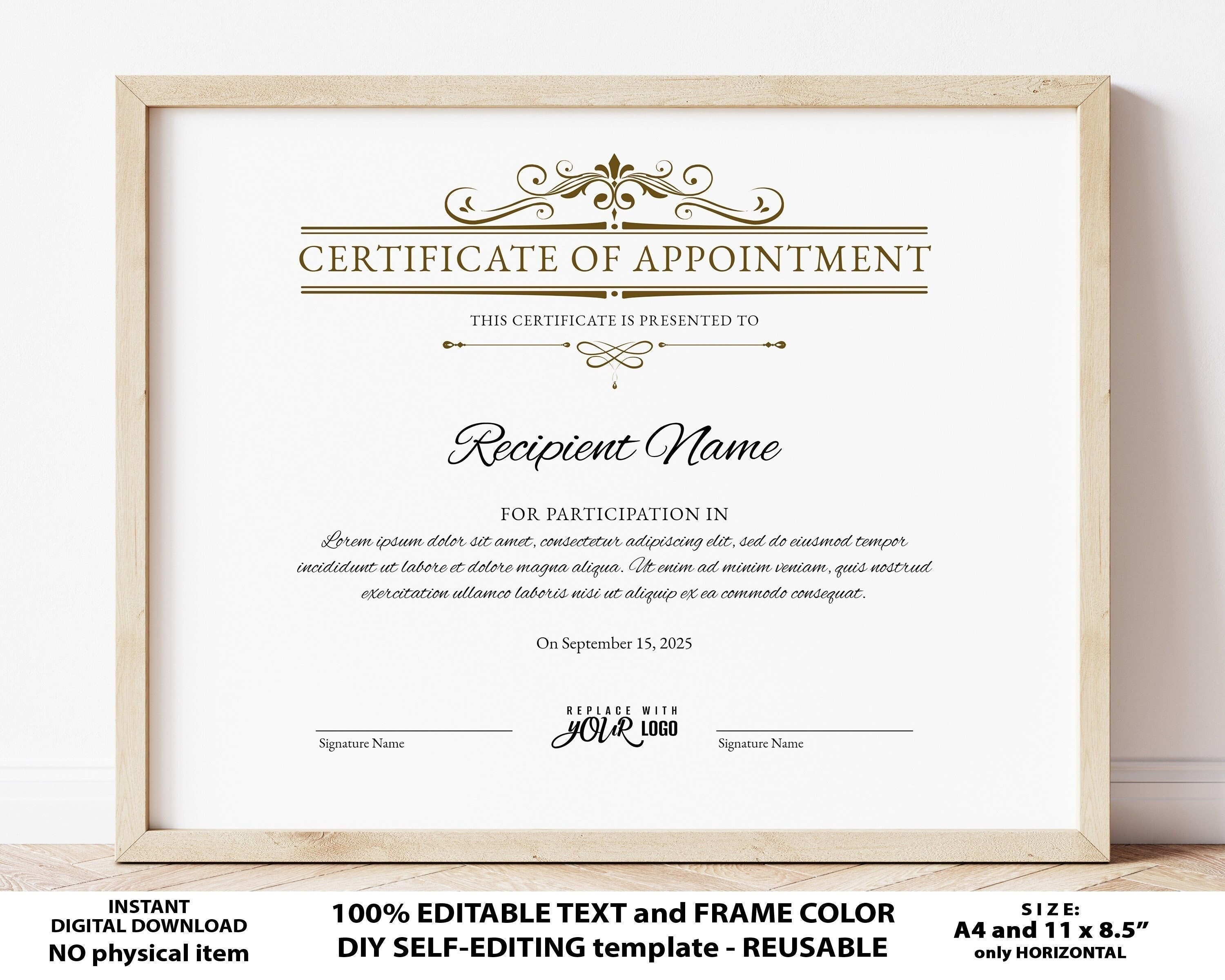Editable Appointment Certificate Template Printable Etsy Australia