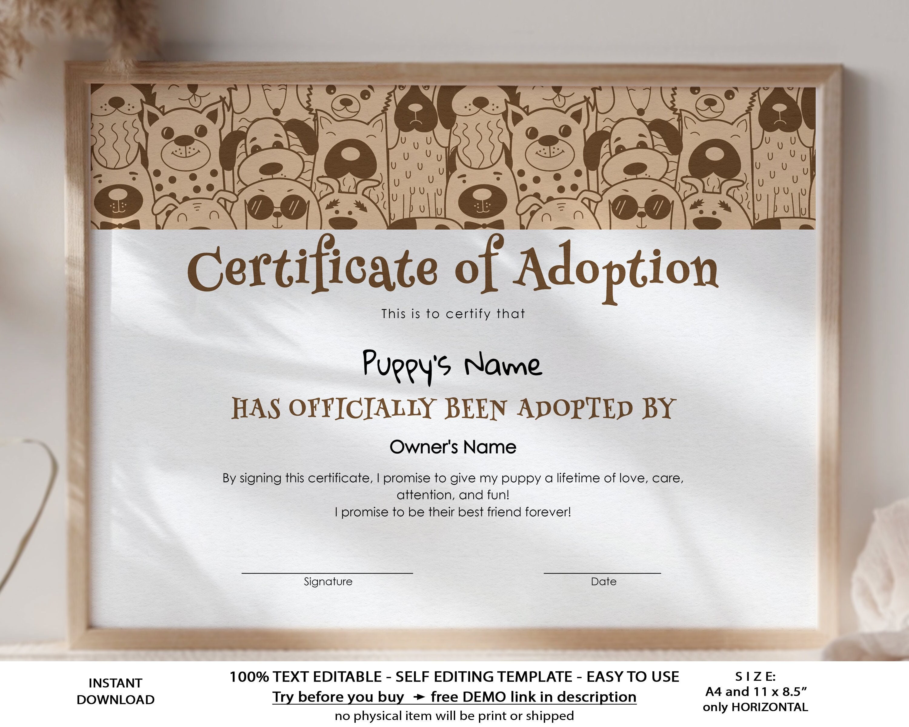EDITABLE Adoption Certificate Template, Puppy Gift Adoption Puppy Owner  Certificate, Dog Adoption Gift Certificate Digital Download, Jet22 Inside Pet Adoption Certificate Template