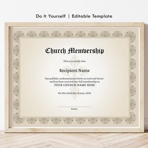 Plantilla de certificado de membresía de la iglesia, certificado de membresía editable e imprimible, nuevos miembros, plantillas de formularios de la iglesia, Jet246