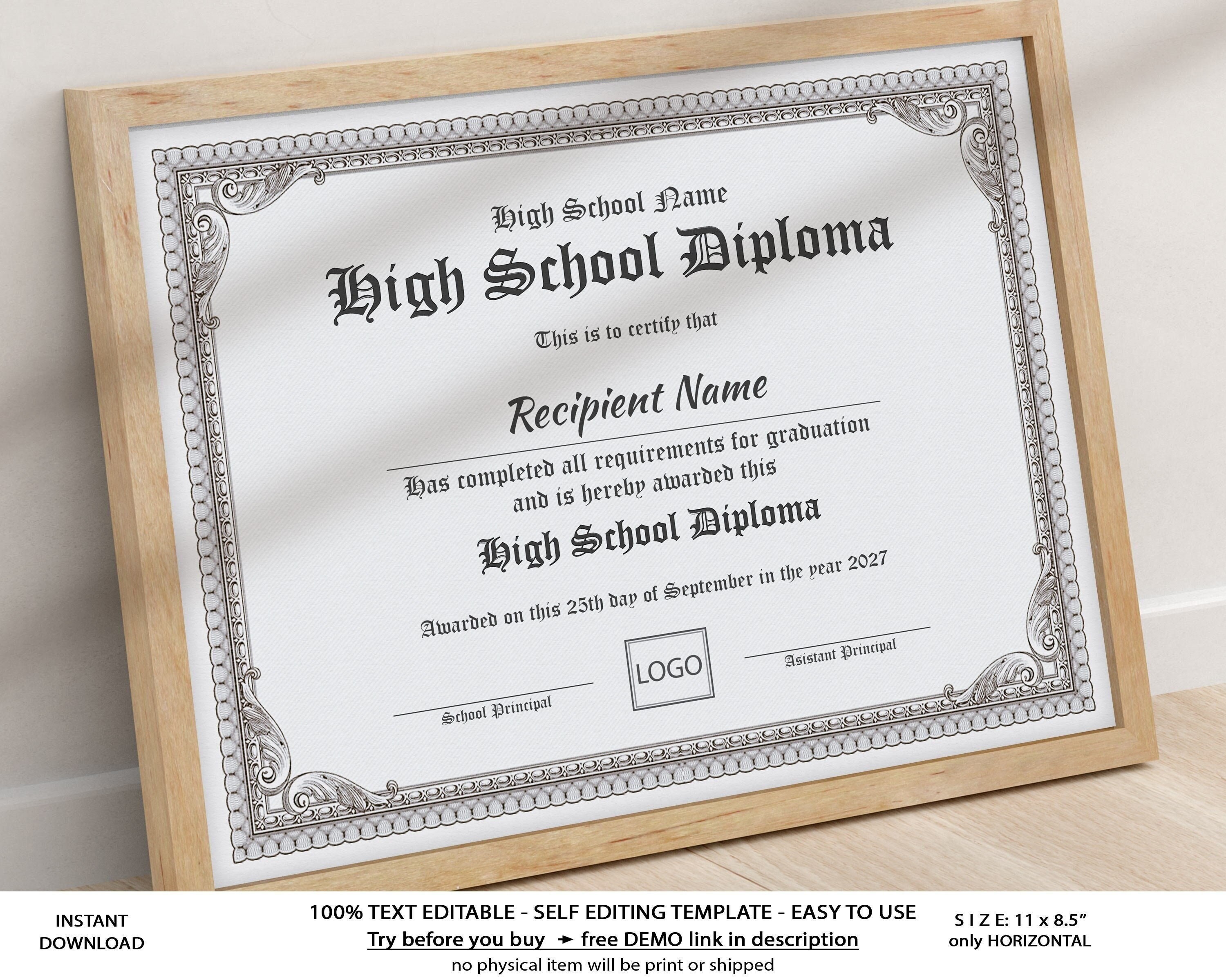 Editable High School Diploma Template, Printable Homeschool Diploma,  Personalized Certificate Gift Graduation Ged Diploma Download Jet21 Intended For Ged Certificate Template Download