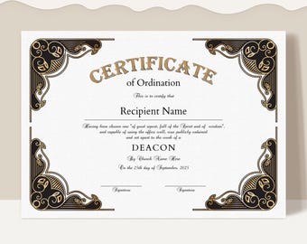 Editable Deacon Certificate Template, Printable Ordination Certificate, Church Ministry Award Certificate of Ordination Digital Download 387