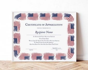 American Veterans Appreciation Certificate Honoring Military Service Appreciation, American Flag, Patriot Day Certificate Download Jet009