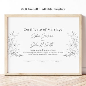 Bearbeitbares Hochzeitszertifikat Vorlage Elegante Heiratsurkunde Druckbare Hochzeitsandenken Zertifikat Blumen Digitaler Download 017