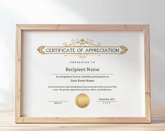 Editable Certificate of Appreciation, Printable Appreciation Certificate Template, Appreciation Gift Certificate Digital Download Jet150