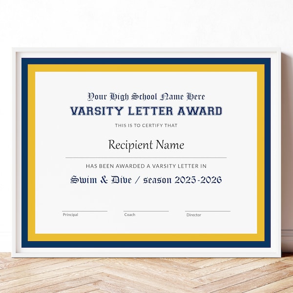 EDITABLE Varsity Letter Award Template, Swim & Dive Template JV Junior Varsity Achievement Sports Certificate Awards Digital Download Jet055