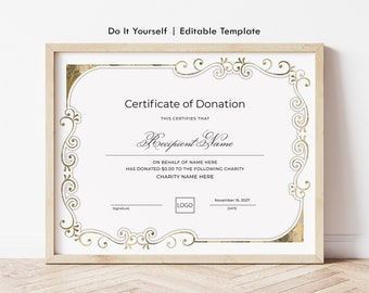 Editable Certificate of Donation Template, Printable Charity Donation Certificate Template, Funding, Gold Gift Certificate Download, Jet300