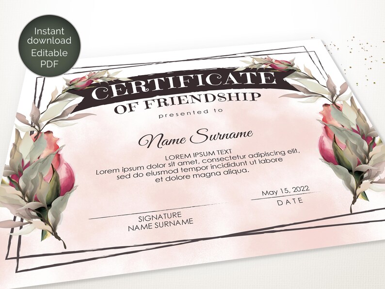 Editable Friendship Certificate Template Printable | Etsy