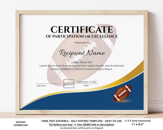 Editable American Football Certificate Template Sports - Etsy