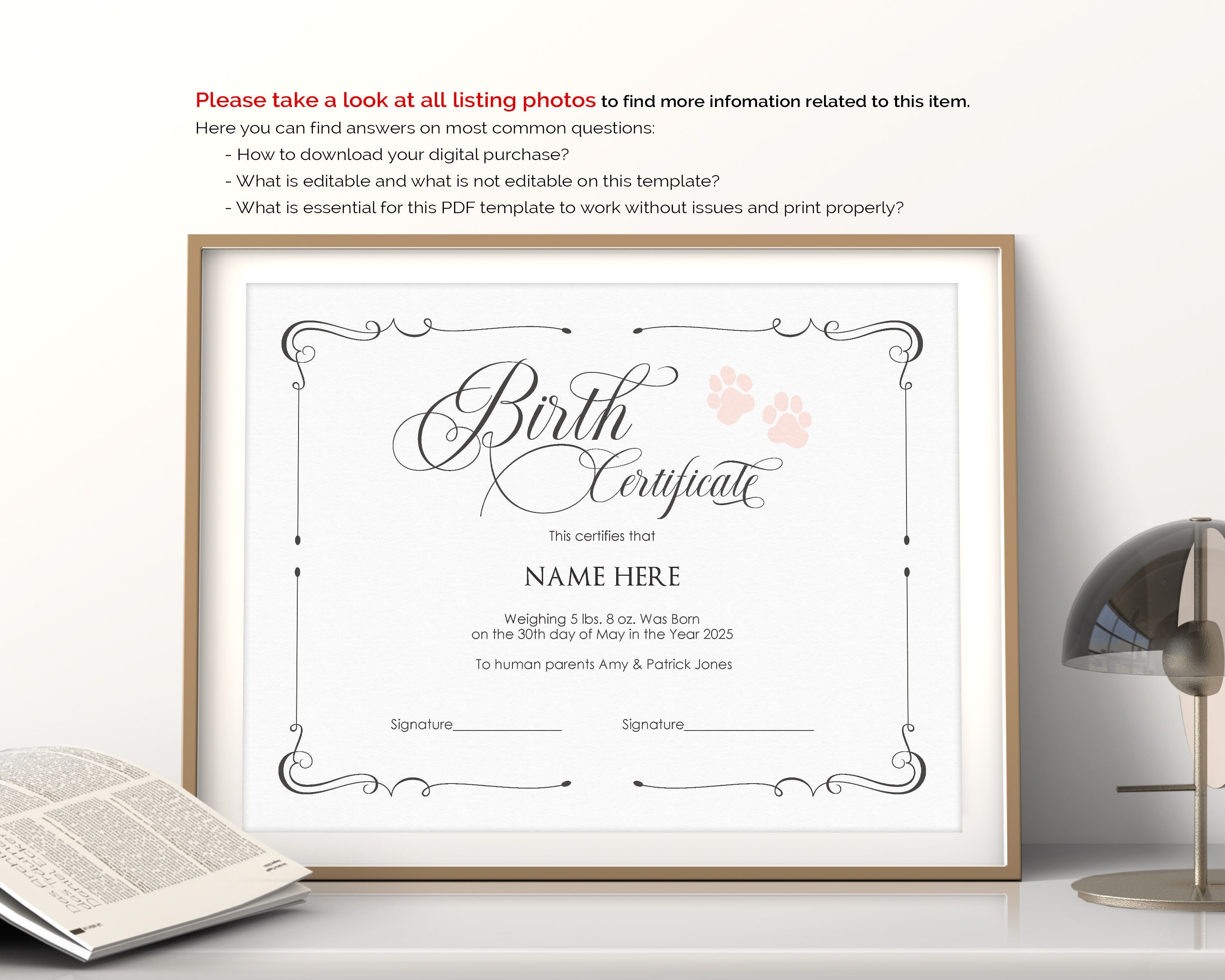 Bearbeitbare Welpen Geburt Zertifikat Vorlage, druckbare Pfote Geburt,  Geschenk Hund Katze Geburt Zertifikat Vorlage, digitaler Download Pertaining To Editable Birth Certificate Template