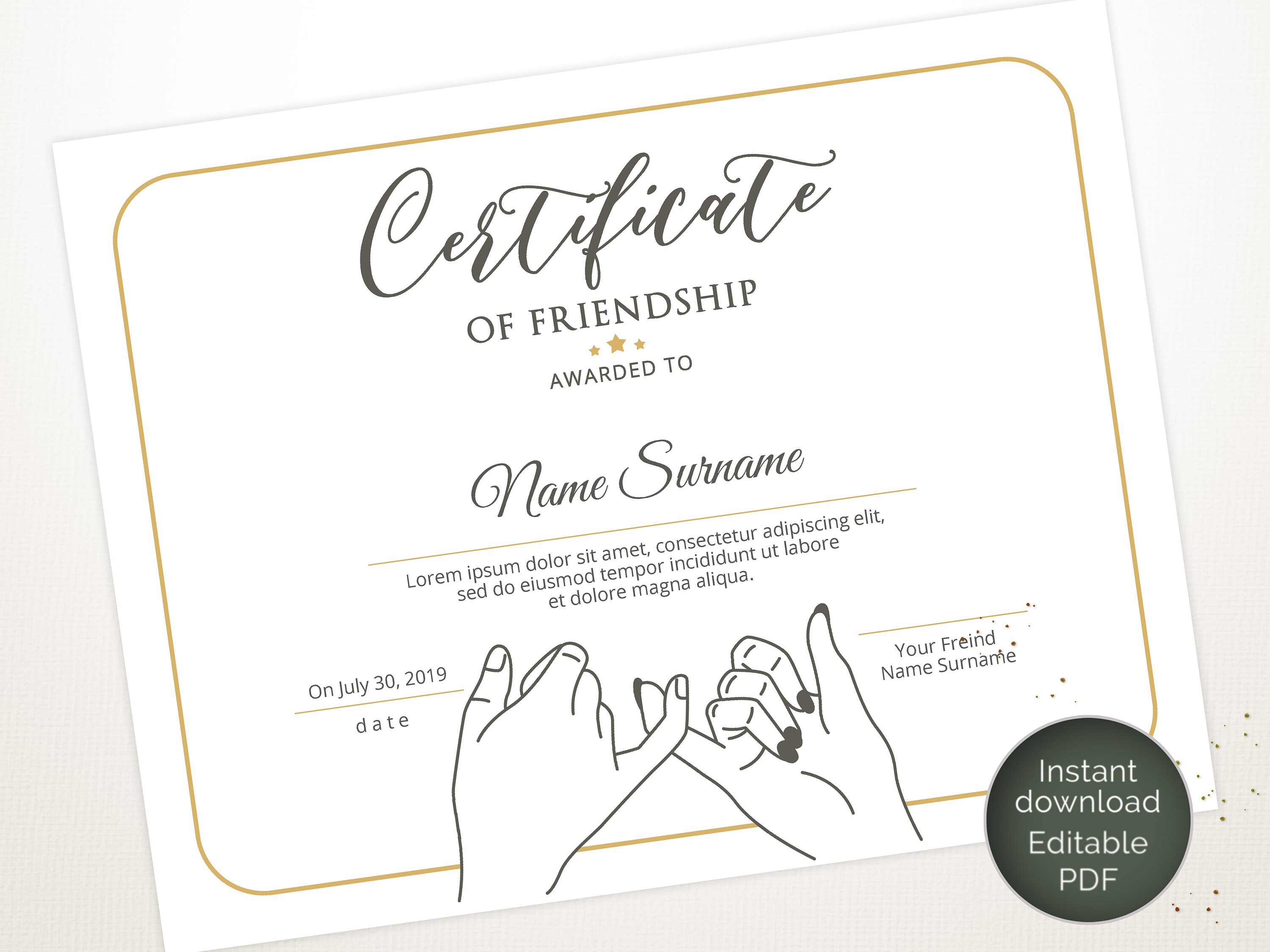 Printable Friendship Certificate Template Editable Friendship | Etsy