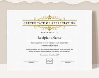 Certificate of Appreciation, Editable Printable Certificate Template, Elegant Participation Award, Gift Certificate Instant Download Jet115