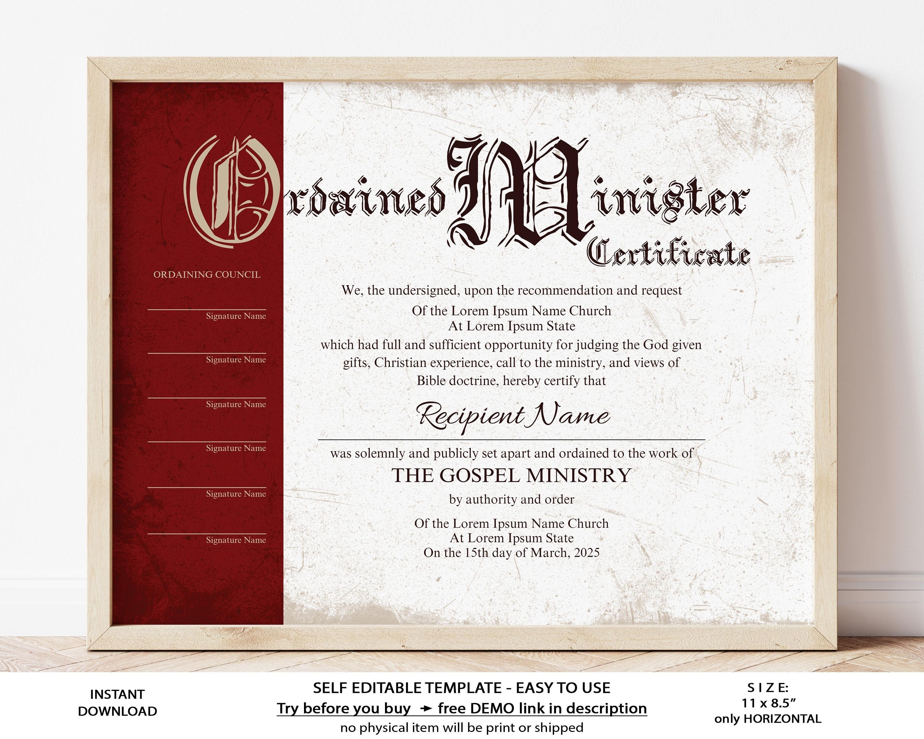 Editable Ordained Minister Certificate Template Printable  Etsy For Ordination Certificate Template