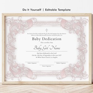 Plantilla de certificado de presentación editable para la dedicatoria de una niña, certificado de recuerdo de bautismo imprimible, descarga de certificado de bautizo de bebé, Jet340