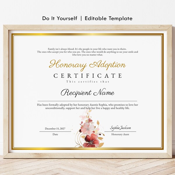 Editable Honorary Auntie Adoption Certificate Template, Customizable Gift for Niece or Nephew, Personalized Auntie Certificate Download 238