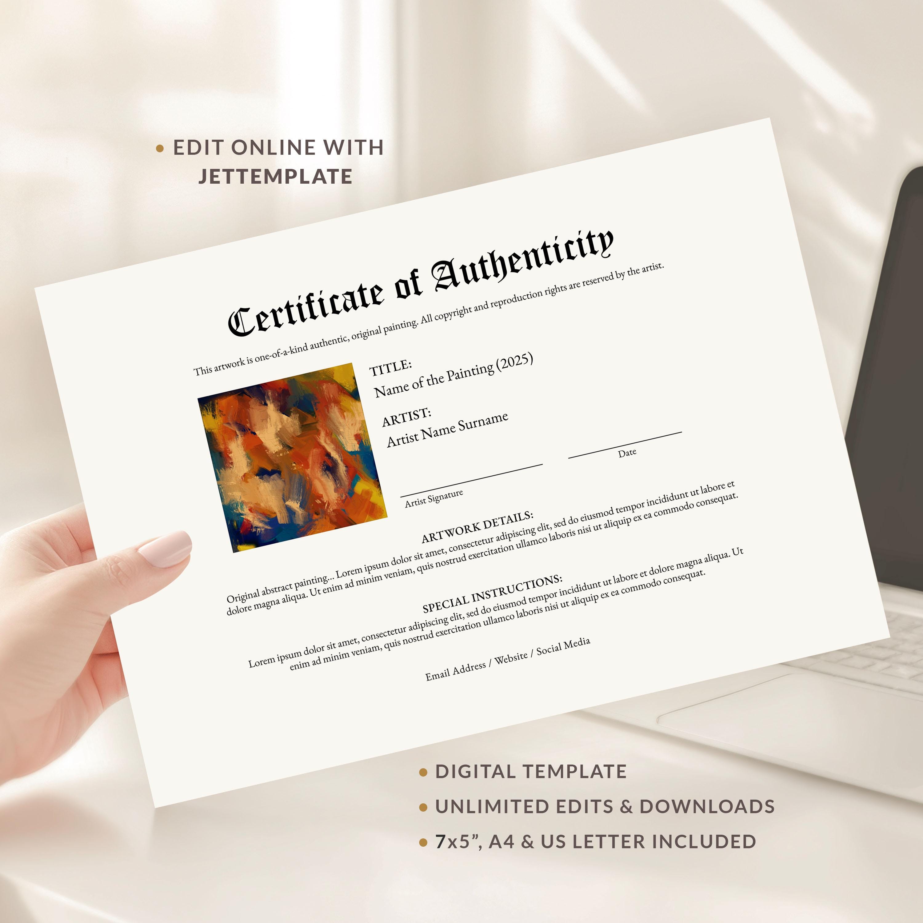 Editable Certificate of Authenticity for Artwork, Authenticity