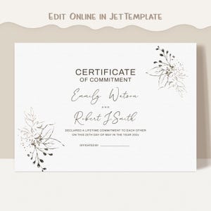 Commitment Certificate Template, Editable Printable Certificate of Commitment Keepsake Certificate, Boho Wedding Keepsake Download Jet203
