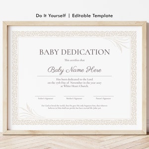 Plantilla editable de certificado de dedicación para bebé, certificado de bautismo imprimible, descarga digital de bautizo, Jet170