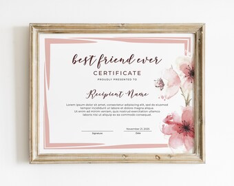 Editable Best Friend Forever Certificate Template, Personalized Gift ...
