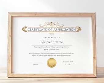 Editable Certificate of Appreciation, Printable Appreciation Certificate Template, Appreciation Gift Certificate Digital Download Jet150