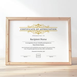 Certificate of Appreciation, Editable Printable Certificate Template, Elegant Participation Award, Gift Certificate Instant Download Jet115