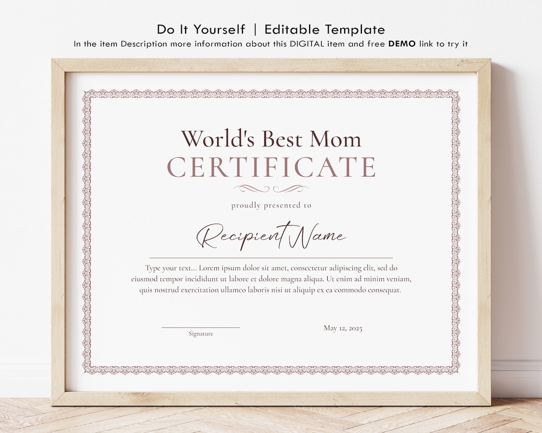 Editable Best Mom Award Certificate Template Gift for Mothers Etsy