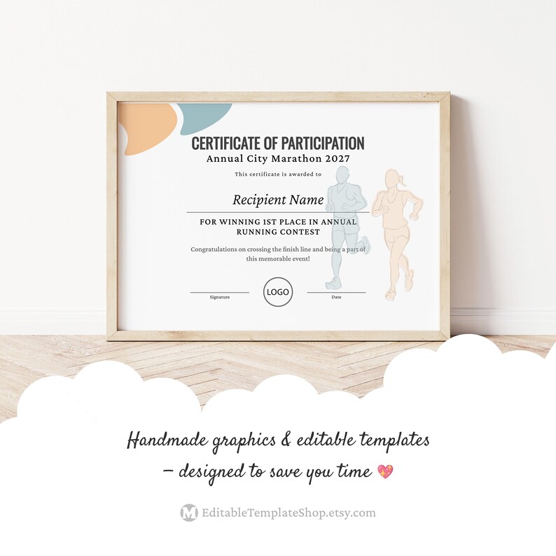 May include: A horizontal certificate of participation for the Annual City Marathon 2027 in a light wood frame. The document features abstract peach and blue shapes, text, and line art illustrations of two runners, with a central circular logo placeholder.