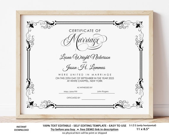 Printable Certificate of Marriage Personalized Wedding Gift Marriage Keepsake Certificate Download Editable Wedding Certificate Template