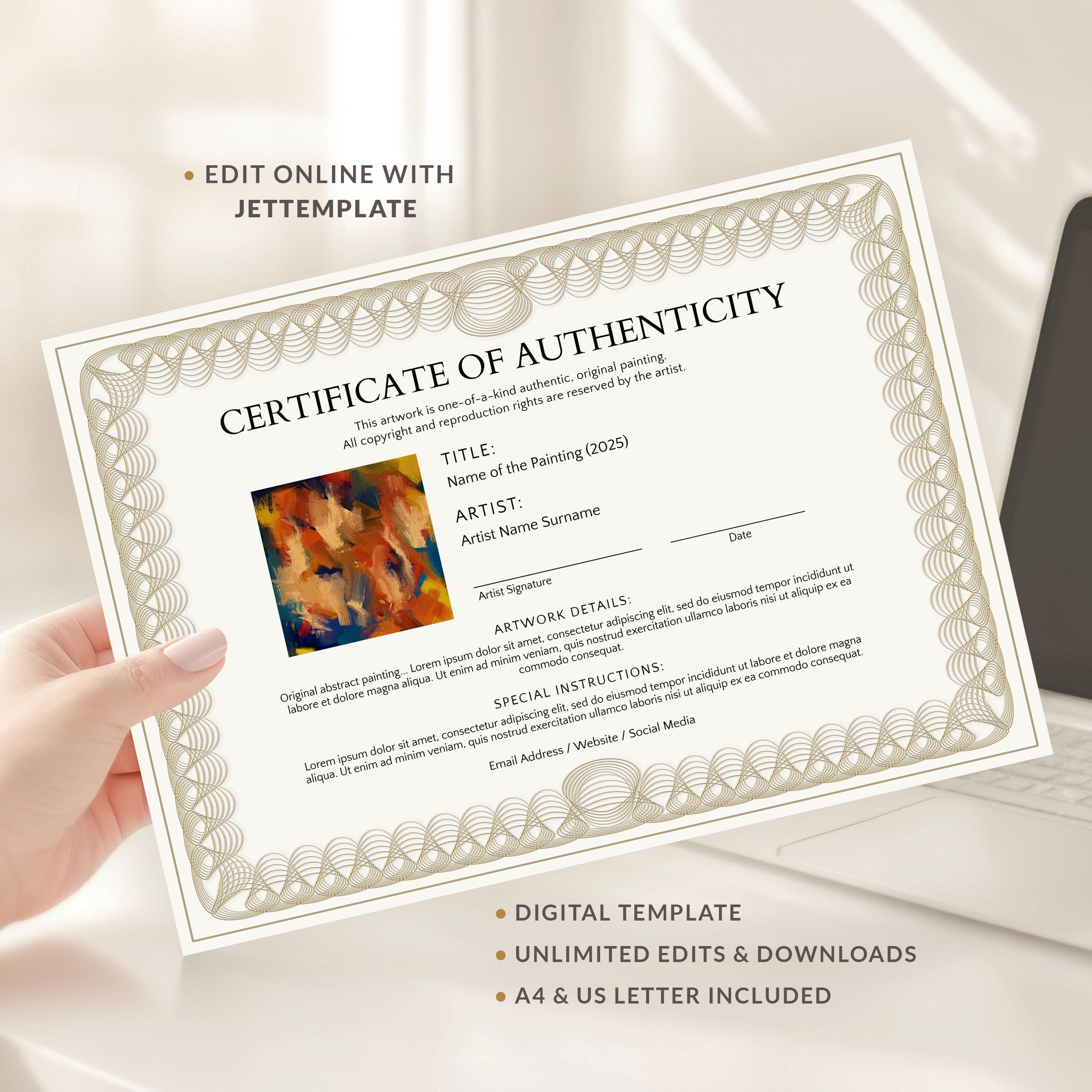 鯰江光二　CERTIFICATE OF AUTHENTICITY Certificate of Authenticity Template Editable COA for Artwork