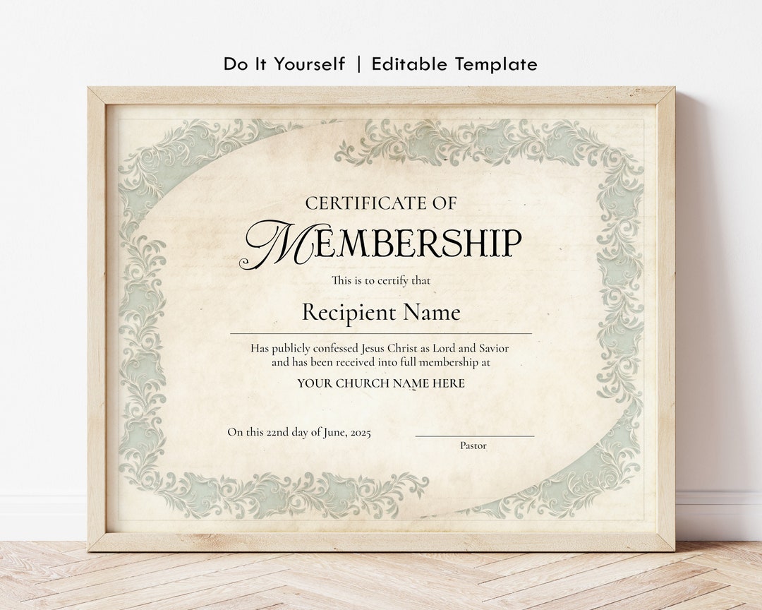 Church Membership Certificate Template, Editable Printable Certificate of Membership, New ...
