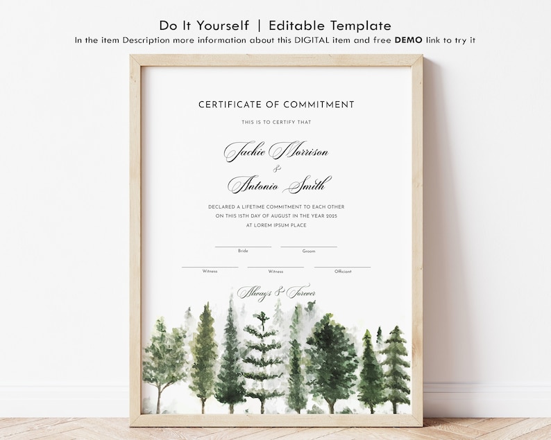 Verlobungszeremonie Zertifikat Vorlage, bearbeitbare Verlobungsurkunde, Aquarell Natur Holz Bäume, Hochzeitsgeschenk Download Jet211 Bild 1