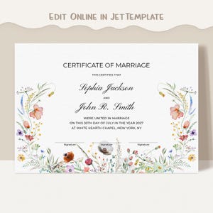 Bearbeitbare Heiratsurkunde Vorlage, druckbare Verlängerungsurkunde, Wildblumen, Hochzeitsgeschenkgutschein Download Jet249