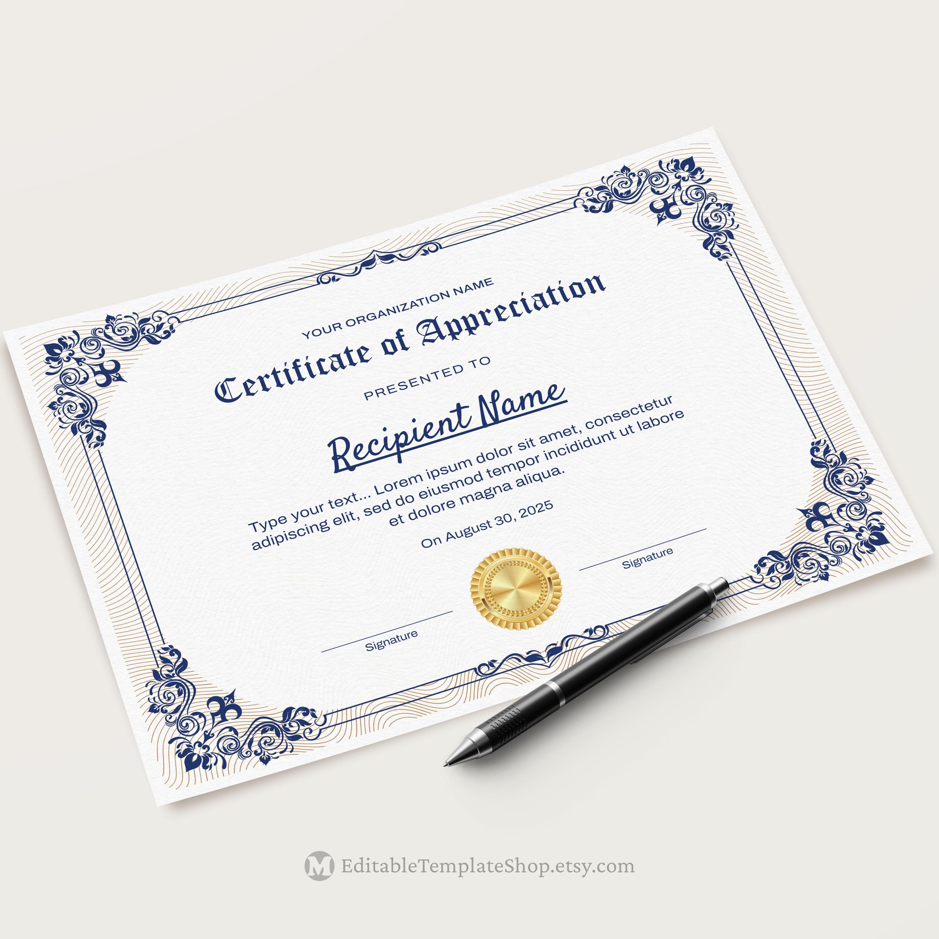 Printable Certificate Of Appreciation Editable Certificate Etsy