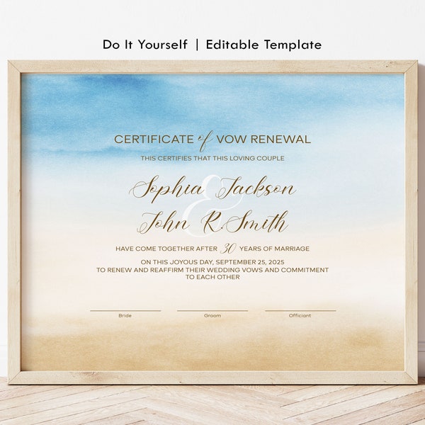 Beach Vow Renewal Certificate Template, Beach Ceremony Keepsake Certificate, Wedding Anniversary Certificate EDITABLE Download, Jet090