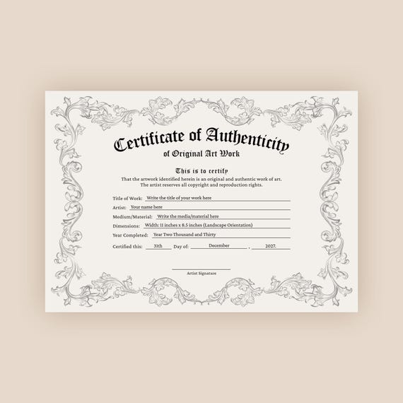 Certificate of Authenticity Template, Editable COA Certificate
