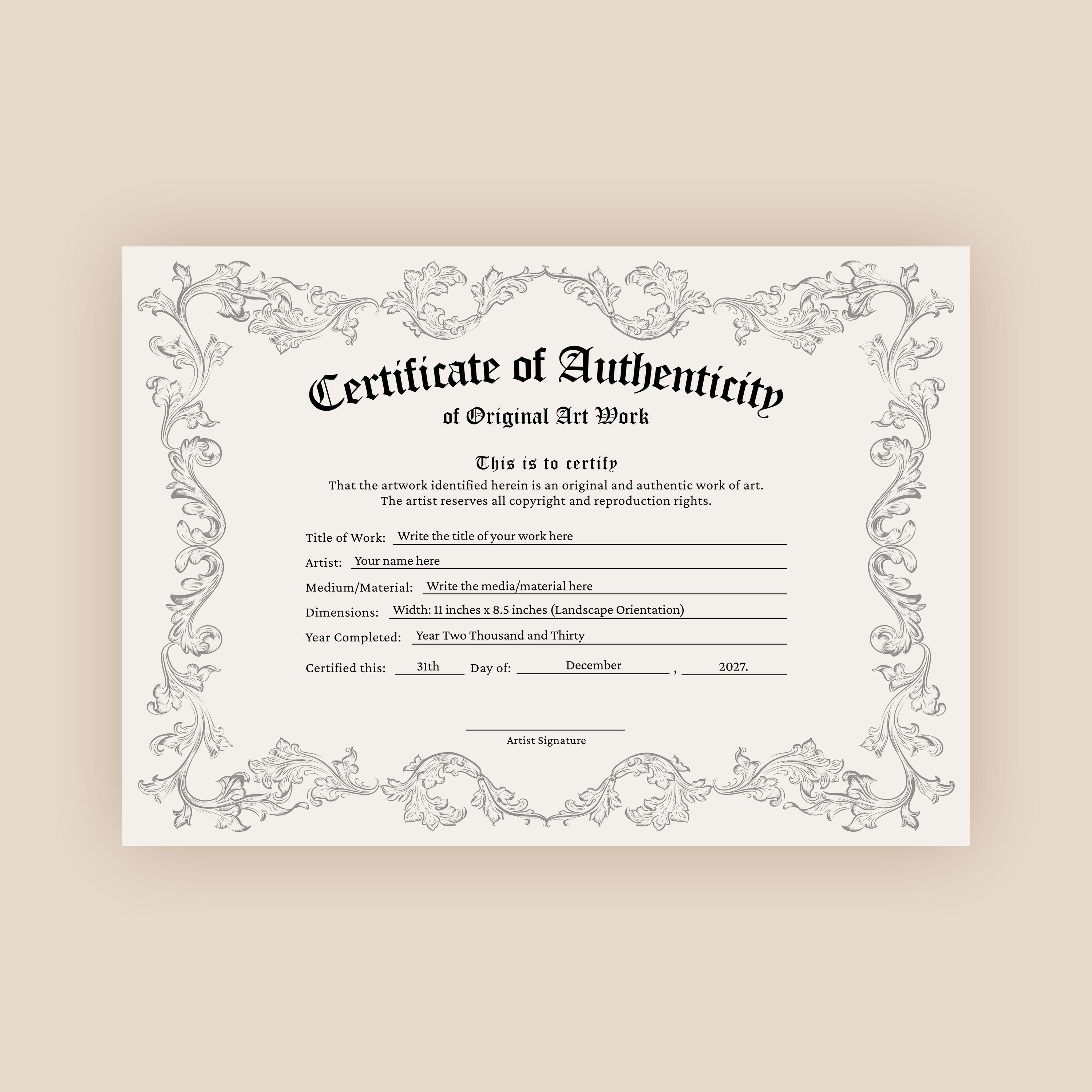 Certificate of Authenticity Template, Editable COA Certificate Certificate of Authenticity Template, Editable COA Certificate
