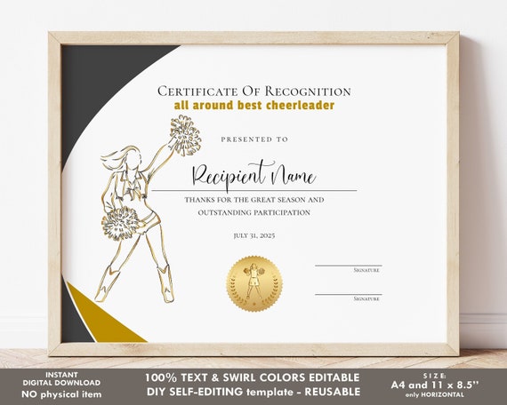 EDITABLE Cheerleader Certificate Template Cheerleading Award - Etsy