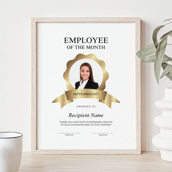 Pracownik Miesiąca, Edytowalny Szablon Certyfikatu Uznania Pracownika ze Zdjęciem, Minimalistyczny Certyfikat Uznania Firmy do Pobrania 059