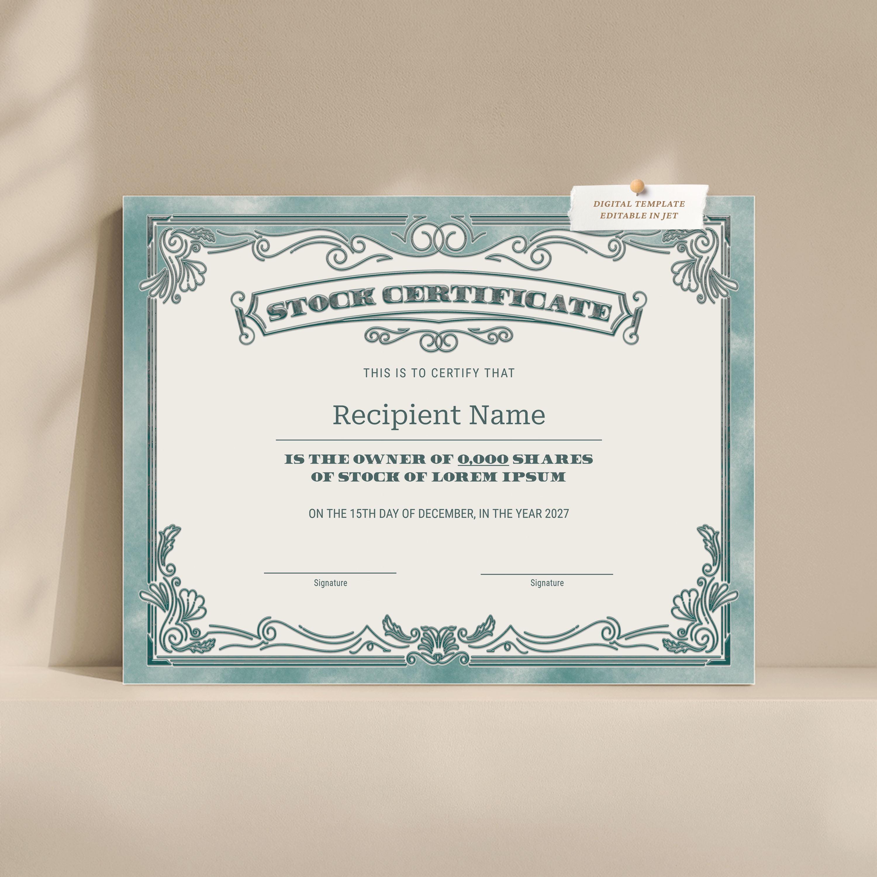 EDITABLE Stock Certificate Template, Printable Certificate of Stock ...